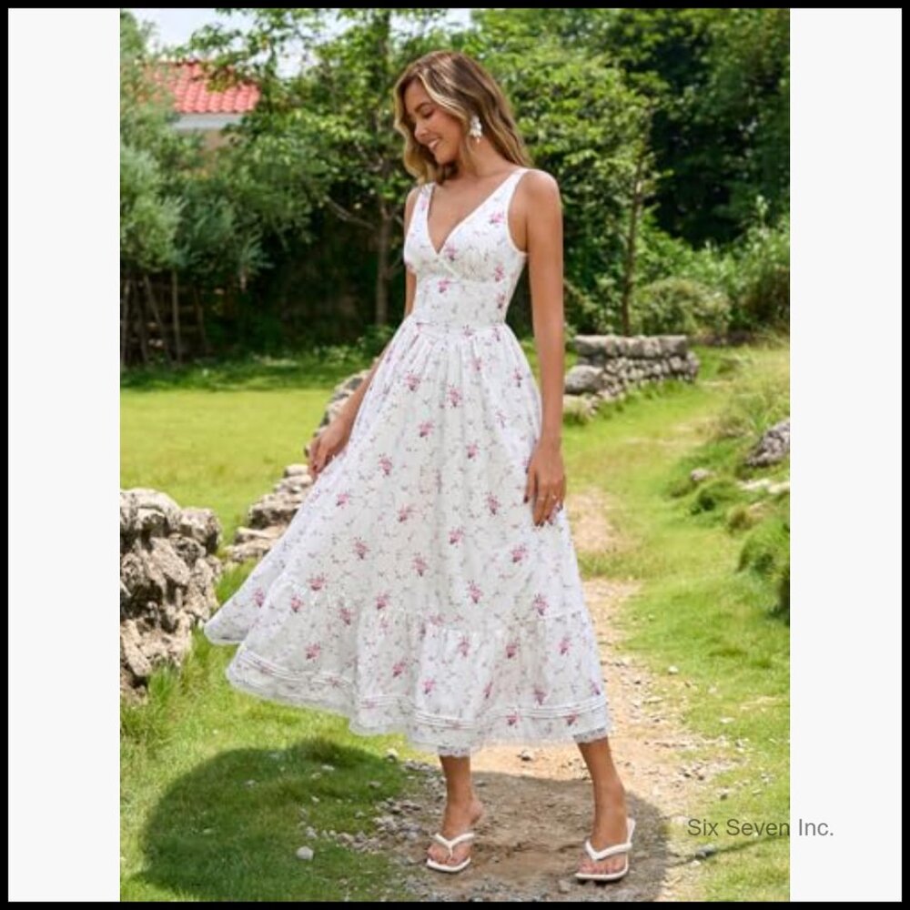 Floral Corset Midi Dress Lace V Neck A Line Sundress Wedding Guest - Picture 3 of 7